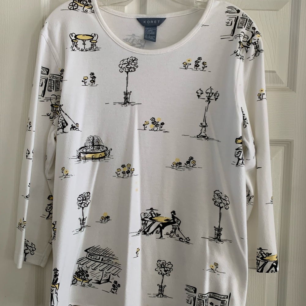Koret White Long Sleeve Top with Black and yellow Scenic cafe Sketches